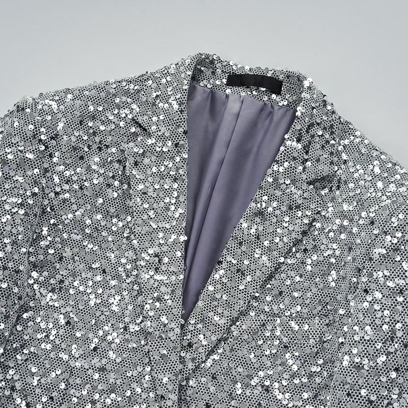 Herren-blazer Sportmantel Schmal Individualität Pailletten Zwei Knöpfe Pattentaschen Flacher Kragen - Silber